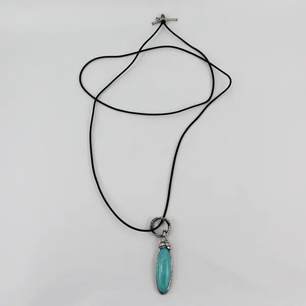 Marie Elongated Turquoise Cabochon Silver-Tone Black Cord Necklace 35in