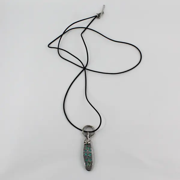 Marie Elongated Turquoise Cabochon Silver-Tone Black Cord Necklace 35in