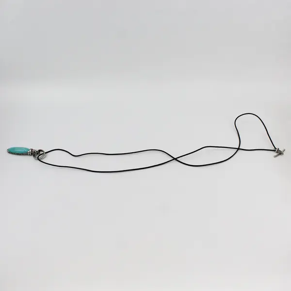 Marie Elongated Turquoise Cabochon Silver-Tone Black Cord Necklace 35in