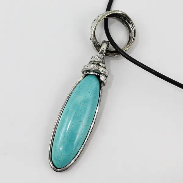 Marie Elongated Turquoise Cabochon Silver-Tone Black Cord Necklace 35in