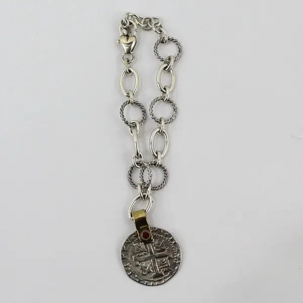 Brighton Red Two-Tone Metal Cross Medallion Bracelet 