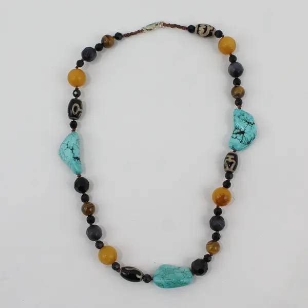 Turquoise and Tiger's Eye Multicolor Beaded Necklace 20" 925 Clasp