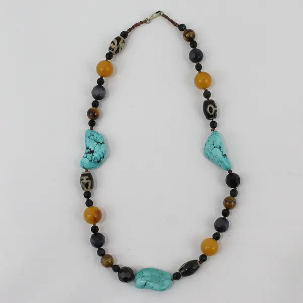 Turquoise and Tiger's Eye Multicolor Beaded Necklace 20" 925 Clasp