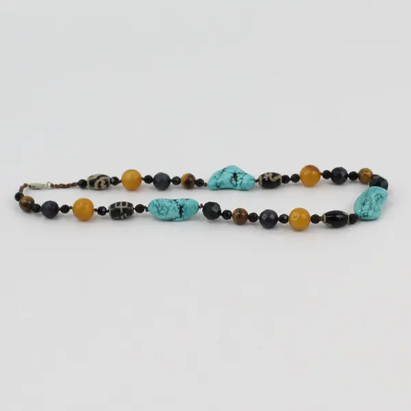 Turquoise and Tiger's Eye Multicolor Beaded Necklace 20" 925 Clasp