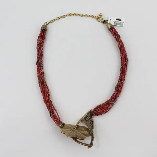 Chico's Multi-Strand Pink Iridescent Seed Bead Gold-Tone Necklace 20"