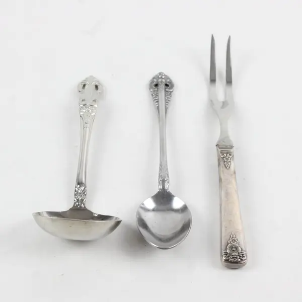 Set of 3 Various Brands Stainless Steel Flatware Ladle, Carving Fork, Soup Spoon