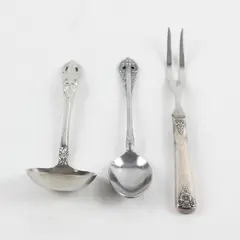 Set of 3 Various Brands Stainless Steel Flatware Ladle, Carving Fork, Soup Spoon