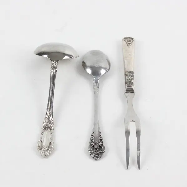 Set of 3 Various Brands Stainless Steel Flatware Ladle, Carving Fork, Soup Spoon