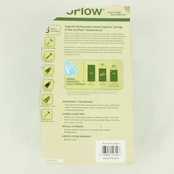 Waterpik EcoFlow 6-Spray Hand Shower Head EFN-651N 5 Ft Hose