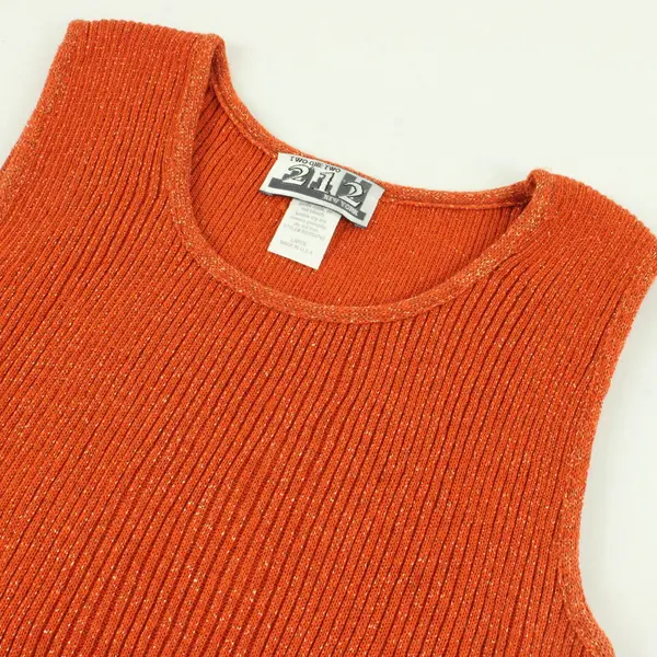 Vintage Two One Two Sparkly Orange Knit Tank Top Women's Large