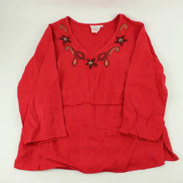  Hot Cotton Embroidered Red 3/4-Sleeve V-Neck Linen Top Women's Small