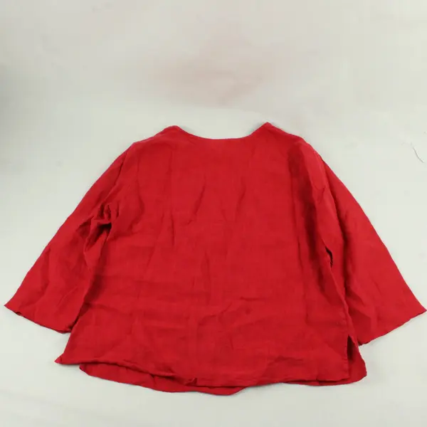  Hot Cotton Embroidered Red 3/4-Sleeve V-Neck Linen Top Women's Small