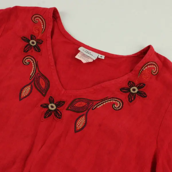  Hot Cotton Embroidered Red 3/4-Sleeve V-Neck Linen Top Women's Small
