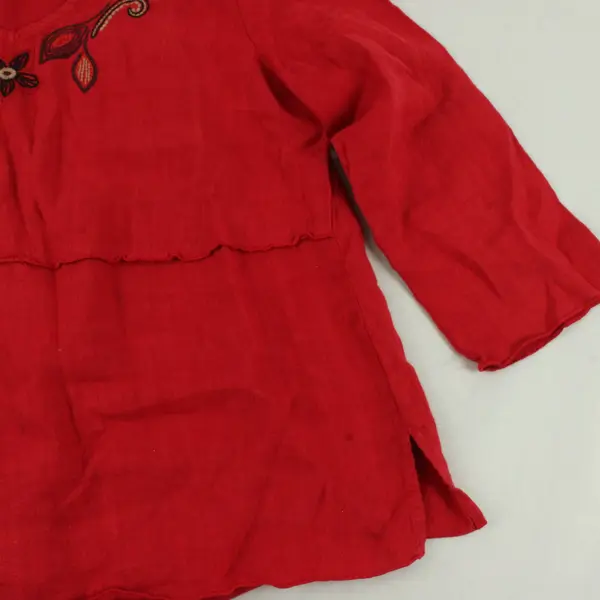  Hot Cotton Embroidered Red 3/4-Sleeve V-Neck Linen Top Women's Small
