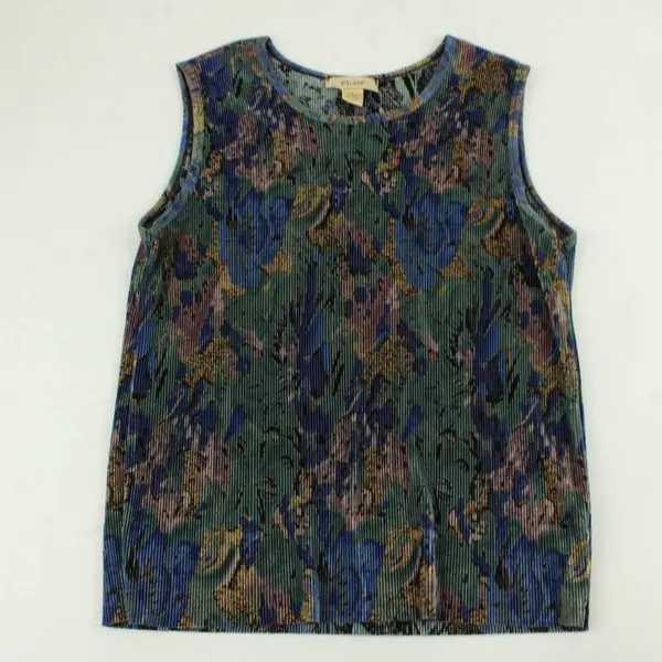 Plisse Multicolor Abstract Floral Ribbed Tank Top Women's Large