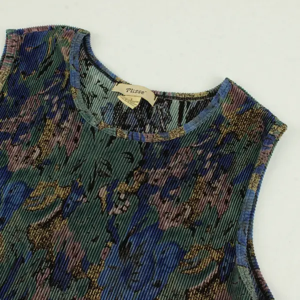 Plisse Multicolor Abstract Floral Ribbed Tank Top Women's Large