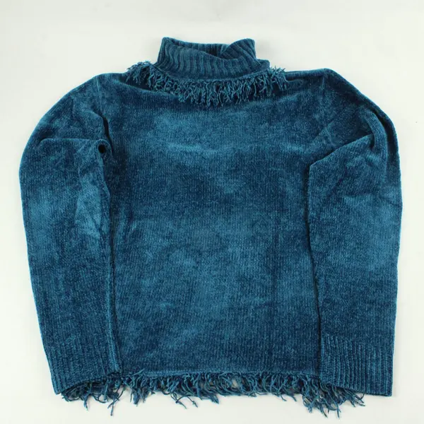 Rafaella Blue Fringed Knit Turtleneck Women's Petite Medium