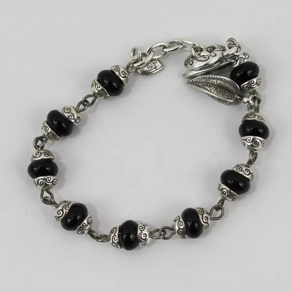 Brighton Silver-Tone and Black Beaded Charm Bracelet 7.5"