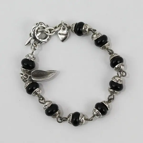 Brighton Silver-Tone and Black Beaded Charm Bracelet 7.5"