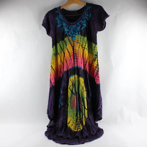 Vintage Nf Purple Hawaiian Tie-Dye Embroidered Rayon Dress Free Size