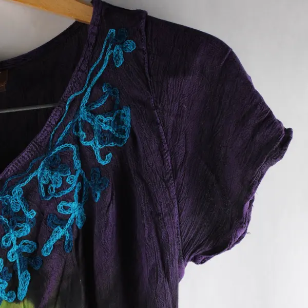 Vintage Nf Purple Hawaiian Tie-Dye Embroidered Rayon Dress Free Size