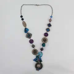 Chico's Dangle Beaded Gunmetal Boho Mermaid Statement Necklace 35"