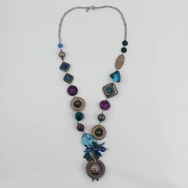Chico's Dangle Beaded Gunmetal Boho Mermaid Statement Necklace 35"