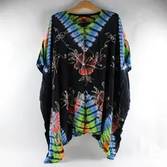 Vintage Island Batiks Hawaiian Boho Black Colorful Dress One Size Rayon