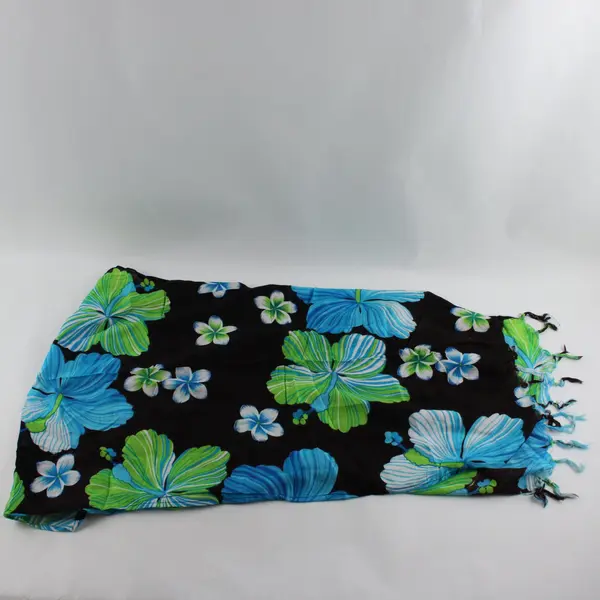 Hawaiian Floral Scarf Brown Green & Blue with Fringe Ends
