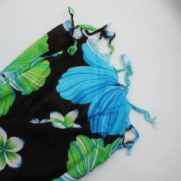 Hawaiian Floral Scarf Brown Green & Blue with Fringe Ends