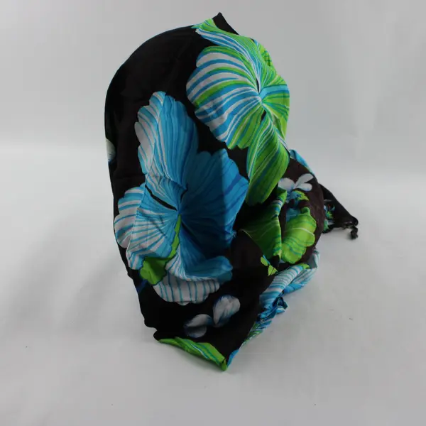 Hawaiian Floral Scarf Brown Green & Blue with Fringe Ends
