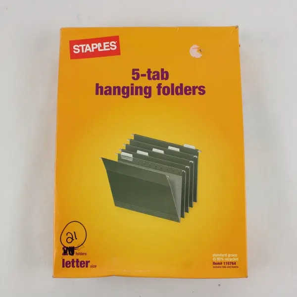 Staples 21 Green Letter 5-Tab Hanging File Folders w/Name Tags Inserts 116764