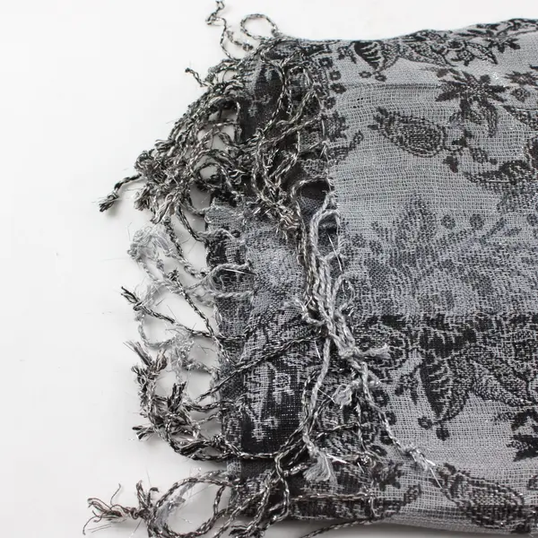 Sparkly Gray Floral Paisley Fringe Scarf 19"x72"