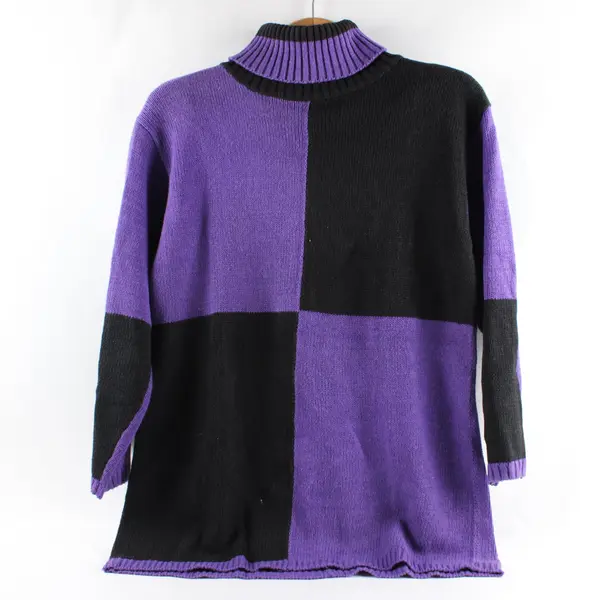 Vintage Le Chois Women's M Black & Purple Cotton Blend Knit Turtleneck Sweater