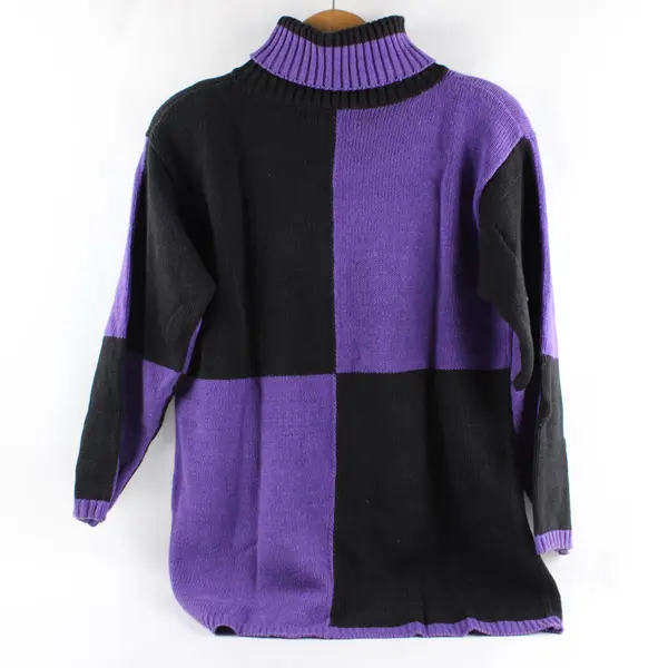 Vintage Le Chois Women's M Black & Purple Cotton Blend Knit Turtleneck Sweater