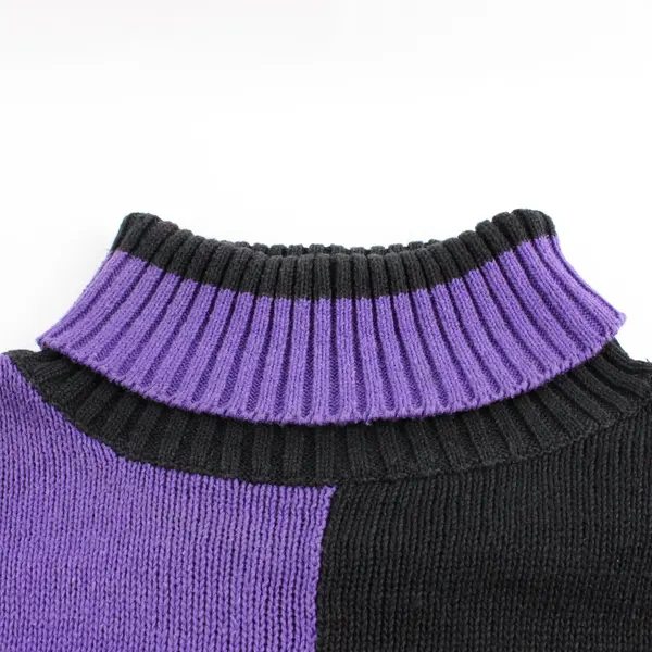 Vintage Le Chois Women's M Black & Purple Cotton Blend Knit Turtleneck Sweater