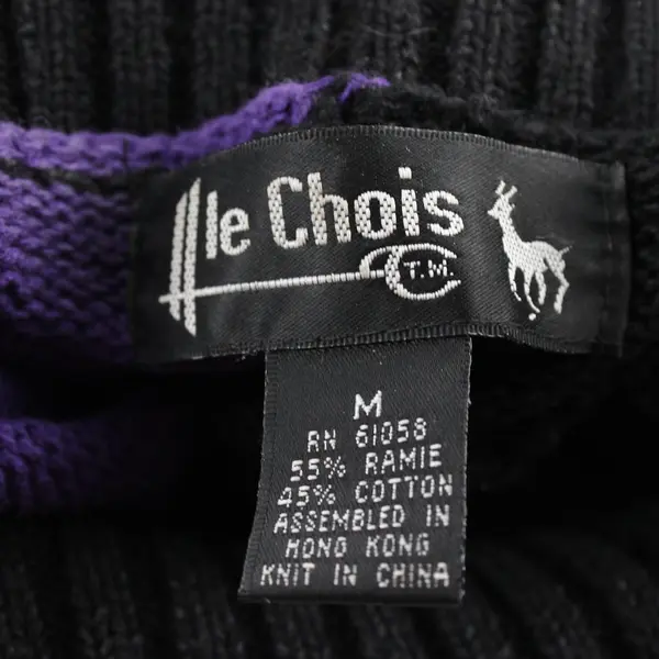 Vintage Le Chois Women's M Black & Purple Cotton Blend Knit Turtleneck Sweater