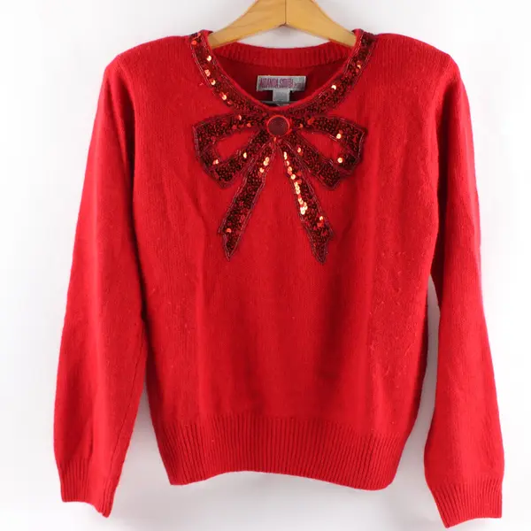 Vintage Amanda Smith Women's PL Red Sequin Bow Silk & Angora Blend Sweater