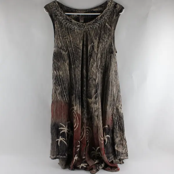 Vtg India Boutique Free Size Sleeveless Brown Embroidered Rayon Dress