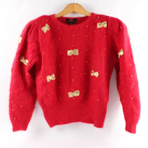 Vintage Classiques Women's S Red Angora Blend Sequin Bow Sweater 