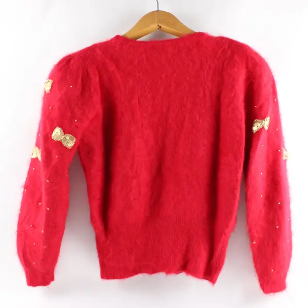 Vintage Classiques Women's S Red Angora Blend Sequin Bow Sweater 