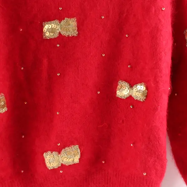 Vintage Classiques Women's S Red Angora Blend Sequin Bow Sweater 
