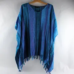 Primitive Vibes Hawaii Women's Boho Fringe Blouse Purple Blue Rayon Loose