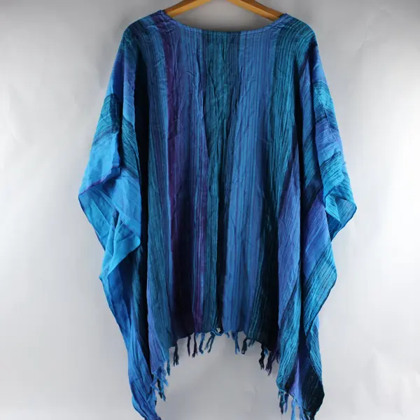 Primitive Vibes Hawaii Women's Boho Fringe Blouse Purple Blue Rayon Loose