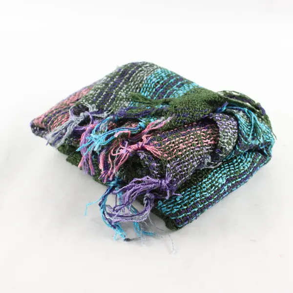 Multicolor Striped Openwork Knit Fringe Scarf 19"x74"
