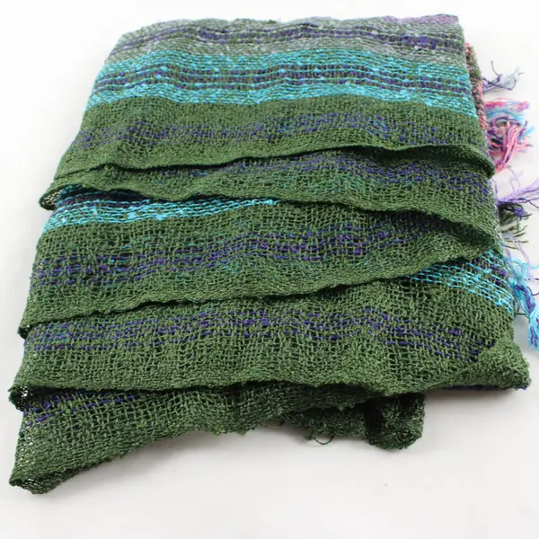 Multicolor Striped Openwork Knit Fringe Scarf 19"x74"