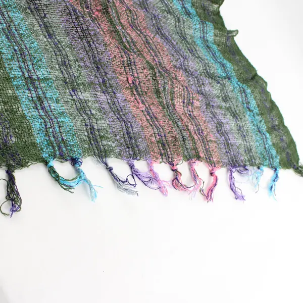 Multicolor Striped Openwork Knit Fringe Scarf 19"x74"