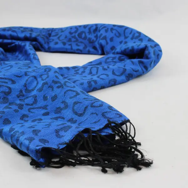 Cobalt Blue Leopard print Fringe Scarf 26"x65"