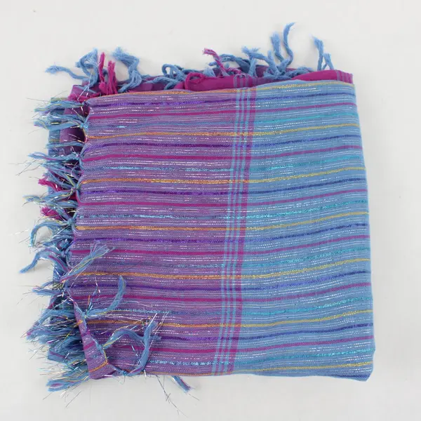 Sparkly Pink Blue Yellow Striped Fringe Scarf 40" Square