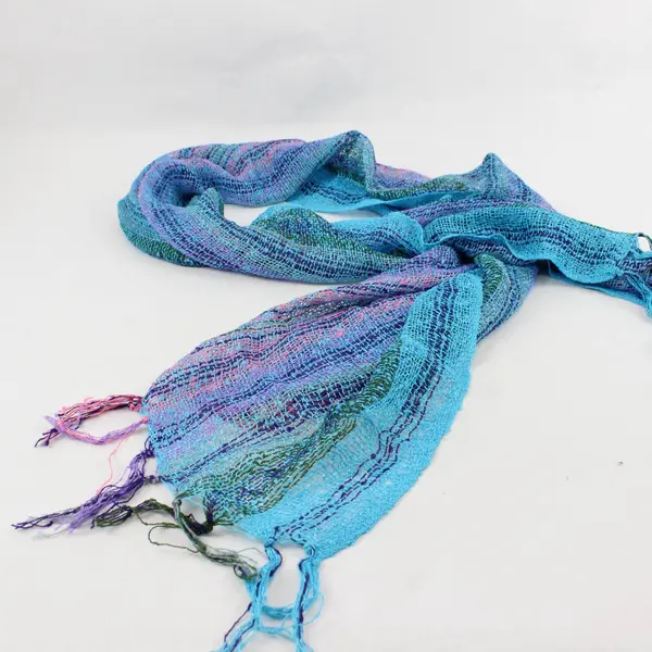 Multicolor Striped Openwork Knit Fringe Scarf 18"x66"